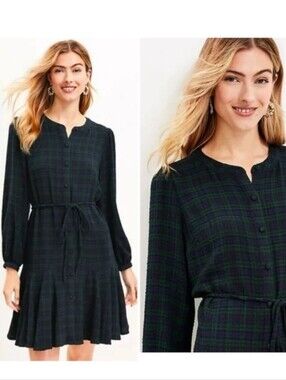 NWT - LOFT Dark Green Plaid Long-Sleeve Tie-Front Dress - XSP